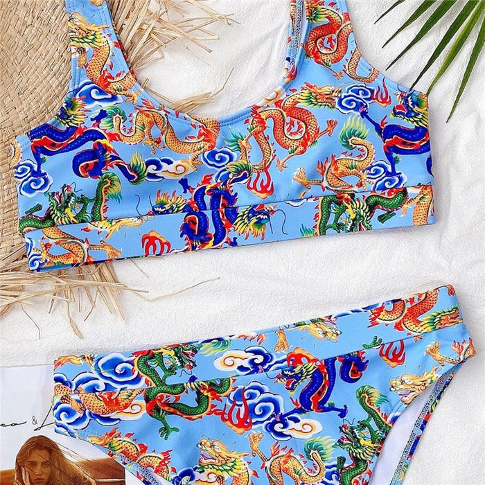 Modern Blue High Waist Bikini Push Up Swimwear Women Dragon Printed Bikini Set Retro Swimsuit Women's High Waist Bikini Swimsuits Twist Push Up Two Piece Bathing Suits Tummy Control Swimwear