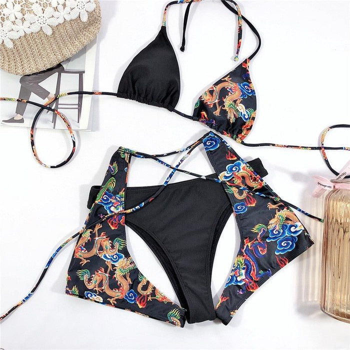 Modern Blue High Waist Bikini Push Up Swimwear Women Dragon Printed Bikini Set Retro Swimsuit Women's High Waist Bikini Swimsuits Twist Push Up Two Piece Bathing Suits Tummy Control Swimwear