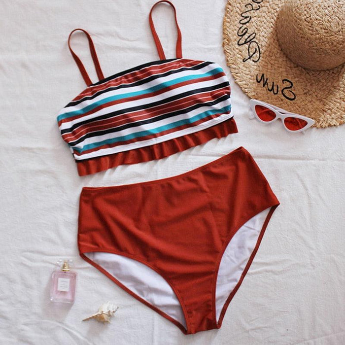 Striped Plus Size Women 2 Pieces Bikini Women's Plus Size Bathing Suits Two Piece High Cut Bikini Sets Waist Swimsuits Swimwear Large Size Swimsuit Off Shoulder High Waist Bathing Suit High Cut Swimwear