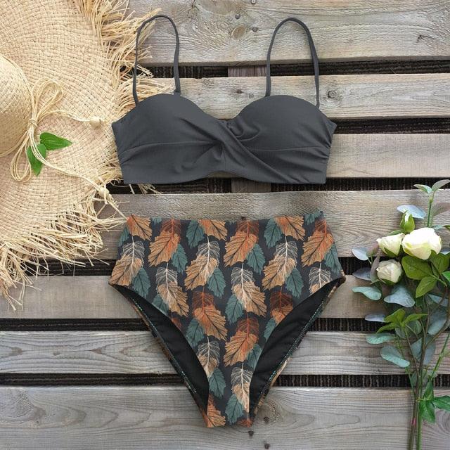 Leaf Print Bikini Female Swimsuit Women's Bathing Suits Triangle Bikini High Waist Bottoms Two Piece Swimsuits Women Swimwear Thong Push Up Bikinis Set High Waist Swimming Suits for Bathing Suit