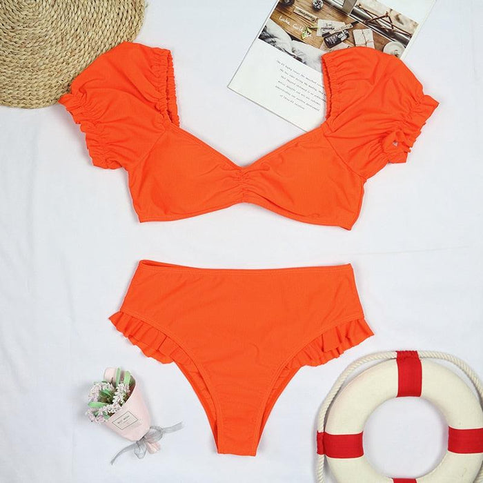 Bikini New 2 Piece Women Swimsuit Women's High Waist Bikini Set Fashion Puff Sleeve Swimwear Set Bathing Suits Solid Color Short Puff Sleeve Summer High Waist Cut Backless Bathing Suit Beachwear