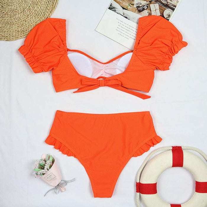 Bikini New 2 Piece Women Swimsuit Women's High Waist Bikini Set Fashion Puff Sleeve Swimwear Set Bathing Suits Solid Color Short Puff Sleeve Summer High Waist Cut Backless Bathing Suit Beachwear