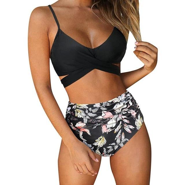 Modern Floral Bikini 2 Pieces Flower Print Bikini Set Women Crisscross High Waist String 2 Piece Bathing Suits High Waist Women's Swimsuit Shorts Solid Bikini Floral Summer Bikini Set