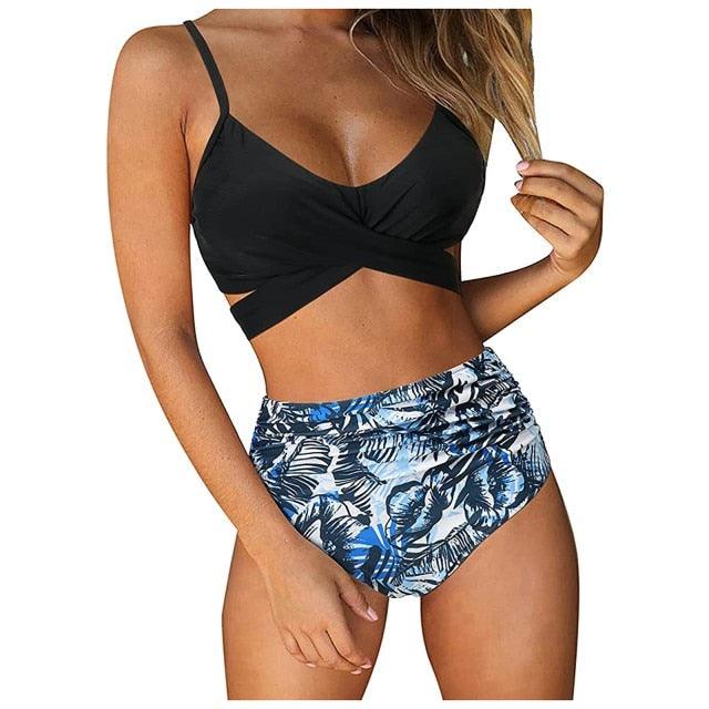 Modern Floral Bikini 2 Pieces Flower Print Bikini Set Women Crisscross High Waist String 2 Piece Bathing Suits High Waist Women's Swimsuit Shorts Solid Bikini Floral Summer Bikini Set