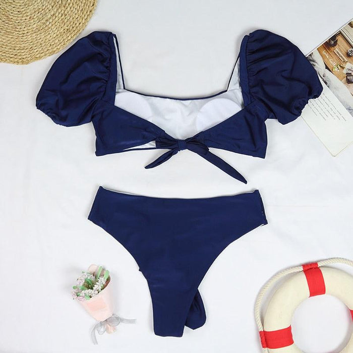 Bikini New 2 Piece Women Swimsuit Women's High Waist Bikini Set Fashion Puff Sleeve Swimwear Set Bathing Suits Solid Color Short Puff Sleeve Summer High Waist Cut Backless Bathing Suit Beachwear