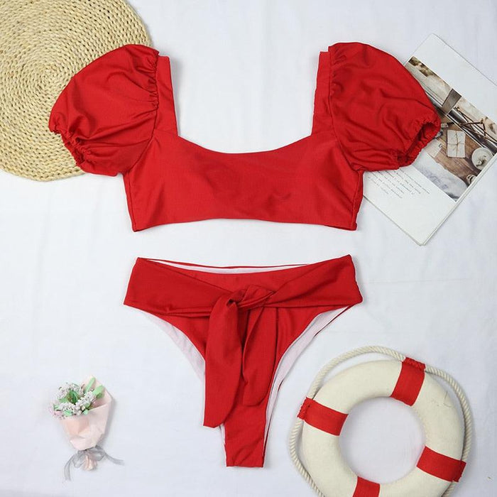 Bikini New 2 Piece Women Swimsuit Women's High Waist Bikini Set Fashion Puff Sleeve Swimwear Set Bathing Suits Solid Color Short Puff Sleeve Summer High Waist Cut Backless Bathing Suit Beachwear