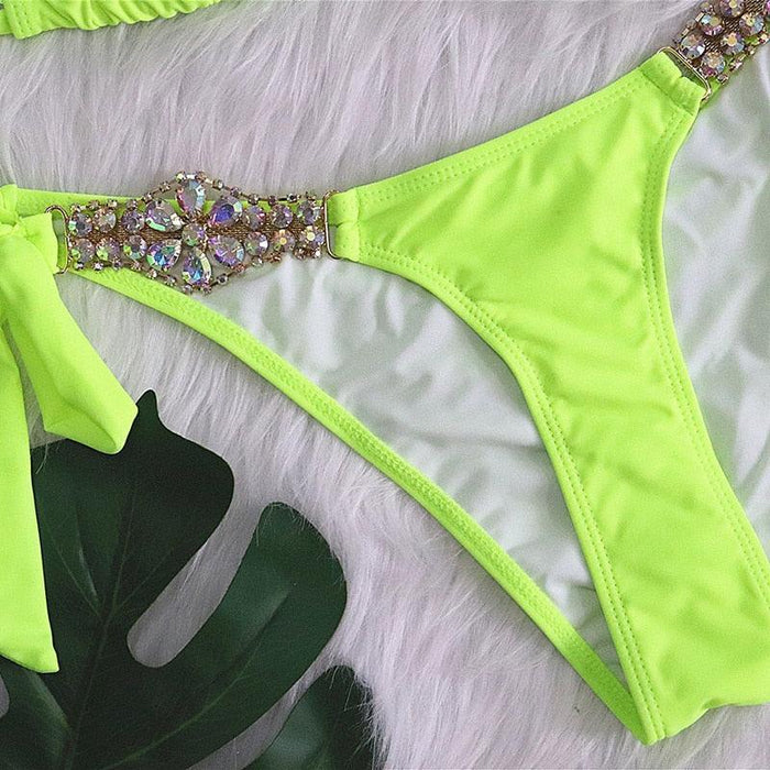 Luxury Purple Halter Crystal Diamond Bikini Female Swimsuit Women Swimwear Rhinestone Bikini Set Bathing Suit Women's Swimwear Rhinestone Halter Low Waist Tie Side Bikini Set 2 Pieces Crystal Diamond Swimsuit