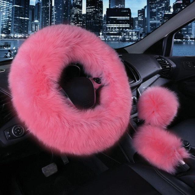 3PCS Fur Steering Wheel Cover Set Real Sheepskin Auto Plush Warm Fluffy Fuzzy Women Winter Fashion Wool Fur Soft Furry Steering Wheel Covers Blue Fluffy Handbrake Cover Gear Shift Cover Fuzz Warm Non-slip Car Decoration Car Accessories for Women Girl