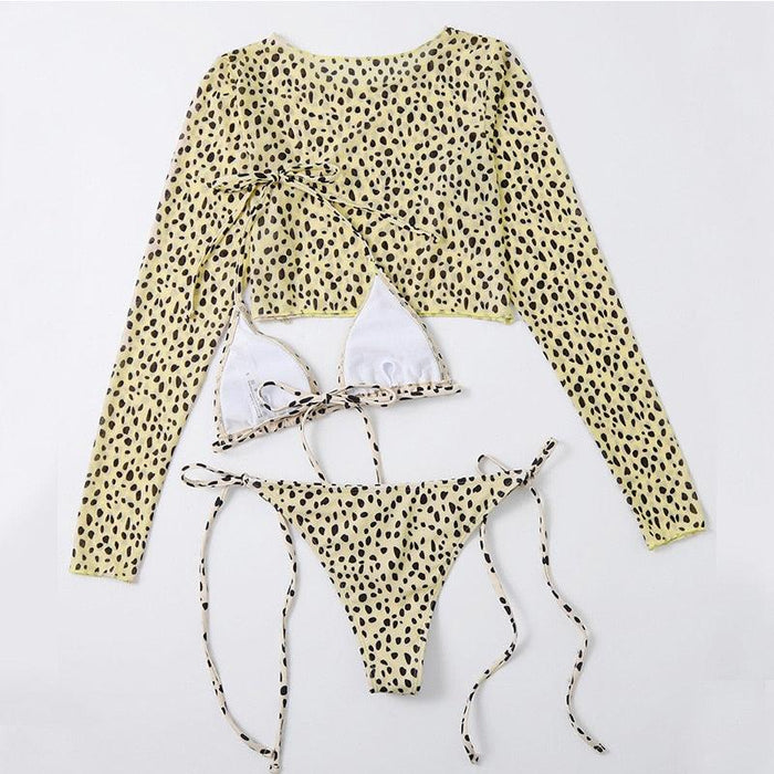 Leopard Print 3 Piece Set Long Sleeves Swimsuit 3 Piece Swimsuit Set Halter High Waist Bathing Suit With Long Sleeve Swimwear Cover Up Women's Swimming Bikini Low Waist Swimwear Women Bathing Suit