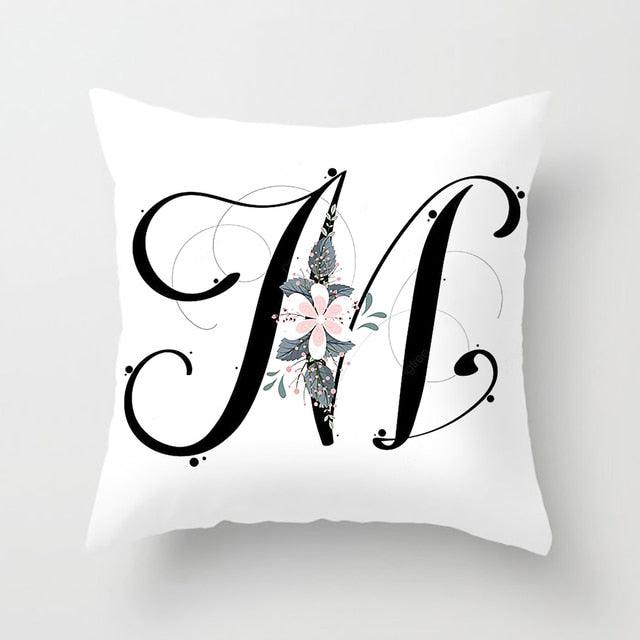 Black Alphabet Flower Print Pillow Cover White Polyester Modern Cushion Cover Decorative Pillowcase For Sofa Bed Chair Car Throw Pillow Covers Decorative Pillow Cases ABC Letter Cushion Covers Square Pillow Protectors Home Decor 45x45cm