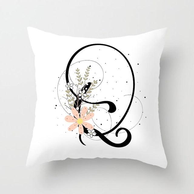 Black Alphabet Flower Print Pillow Cover White Polyester Modern Cushion Cover Decorative Pillowcase For Sofa Bed Chair Car Throw Pillow Covers Decorative Pillow Cases ABC Letter Cushion Covers Square Pillow Protectors Home Decor 45x45cm