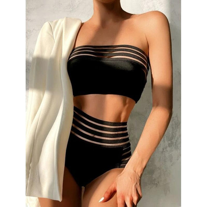 Luxury Women Black Bikini High Waist Swimwear Female 2 Pieces Set Swimsuit Bathing Suit Women Beach Women's High Waisted Bandage Bikini Set Two Piece Push Up Swimsuits