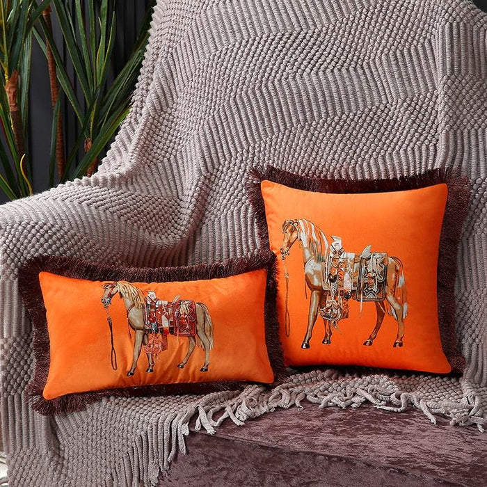 Unique Designed European American Luxury Printed Polyester Cushion Cover Horse printed Lumbar Cover Tassel Edge Modern Throw Pillow Covers Square Decorative Set Cushion Covers For Home Bed Couch Sofa Bench