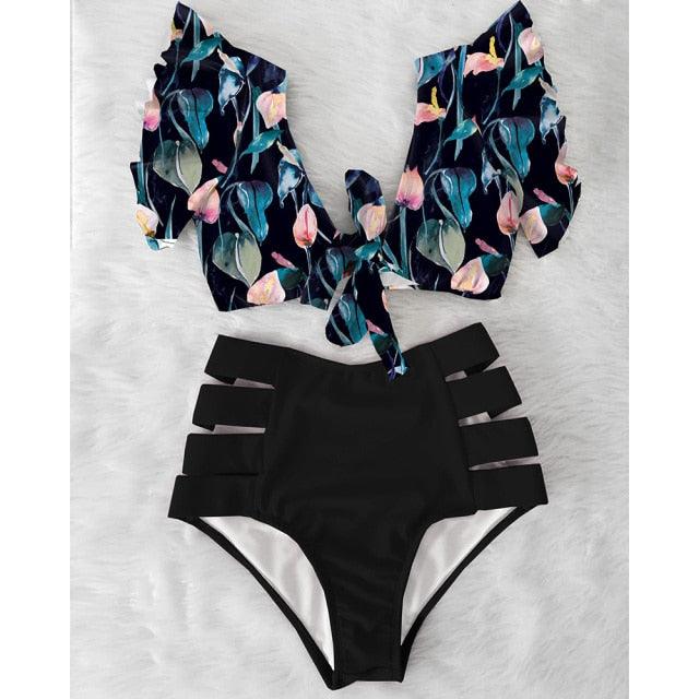 High Waist Ruffled Bikini Set Flounce Bikini Swimwear  Women's Cute Ruffle 2 Piece Bathing Suits Elegant Bikini Swimsuits With Cheeky Floral Women Two Pieces Swimsuit Floral Beachwear V-Neck Bathing Suit