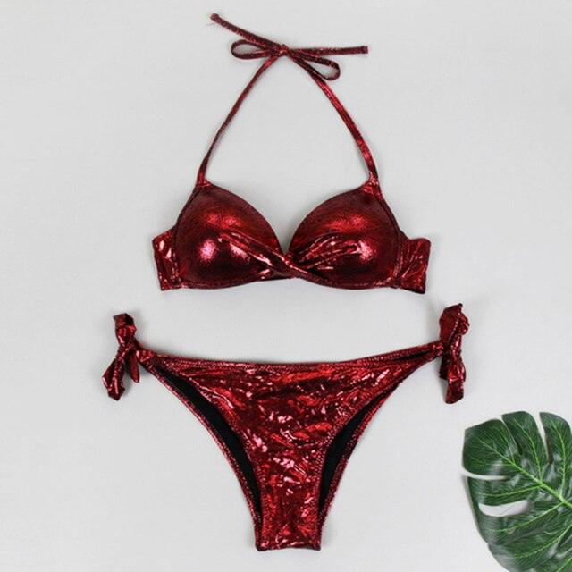 Halter Bikini Bandage Swimsuit Solid Swimwear Sport Liquid Metallic Shiny String Bikini 2 Piece Swimsuit Set Women Shiny Bikini Set Bathing Suit Push Up Two-piece Suit