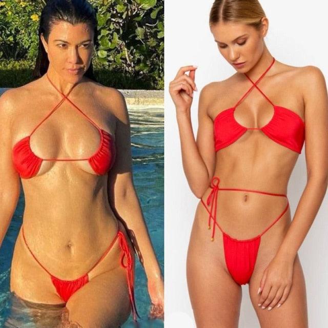 Folds Bikini Swimsuit Push Up Bikini Set Bathing Suit Women Swimwear Thong Bikini Two Pieces Bathing Suit for Women Triangle Top Bottom Solid Color Bikinis Beachwear Swimsuits