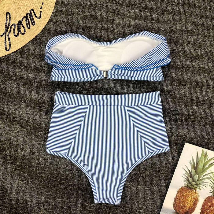 Retro Blue White Striped High Waist Bikini Lady Swimwear Women Swimsuit Female Ruffle Swim Bathing Suit  Piece Vintage High Waist Bikini Set Ruffled Swimsuits For Women Bathing Suits