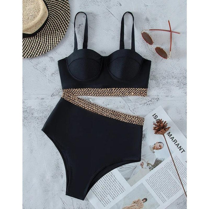 Luxury Women Black Bikini High Waist Swimwear Female 2 Pieces Set Swimsuit Bathing Suit Women Beach Women's High Waisted Bandage Bikini Set Two Piece Push Up Swimsuits