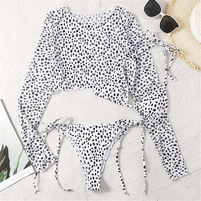 Vintage Halter Printed Leopard Bikini Female Lace Up Bottom Swimsuit Women Swimwear Long Sleeve Bathing Suits Leopard Print Swimsuit Three-pieces Bikini Set Long Sleeve Bathing Suit Cute Swimwear