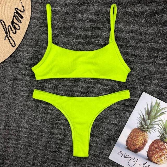 Neon Yellow Green Swimsuit Women Push Up Padded Micro Bikini Summer Beach Bathing Suit Beach Swimwear  Women's Scoop Neck Cut Out Front Lace Up Back High Cut One Piece Swimsuit