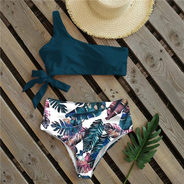 Bikinis Women New One Shoulder Swimwear High Waist Swimsuit Bandage Bathing Suits Beach Wear Female Lace Two Piece Swim Dress with Bikini Bottom Bathing Suits