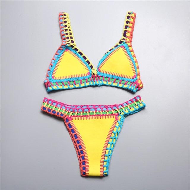 Handmade Women Bikini Crochet Knit Swimwear Halter Patchwork Bathing Suit Women's Swimsuit Strappy Side 2 Piece Bikini Set Triangle Beach Swimwear