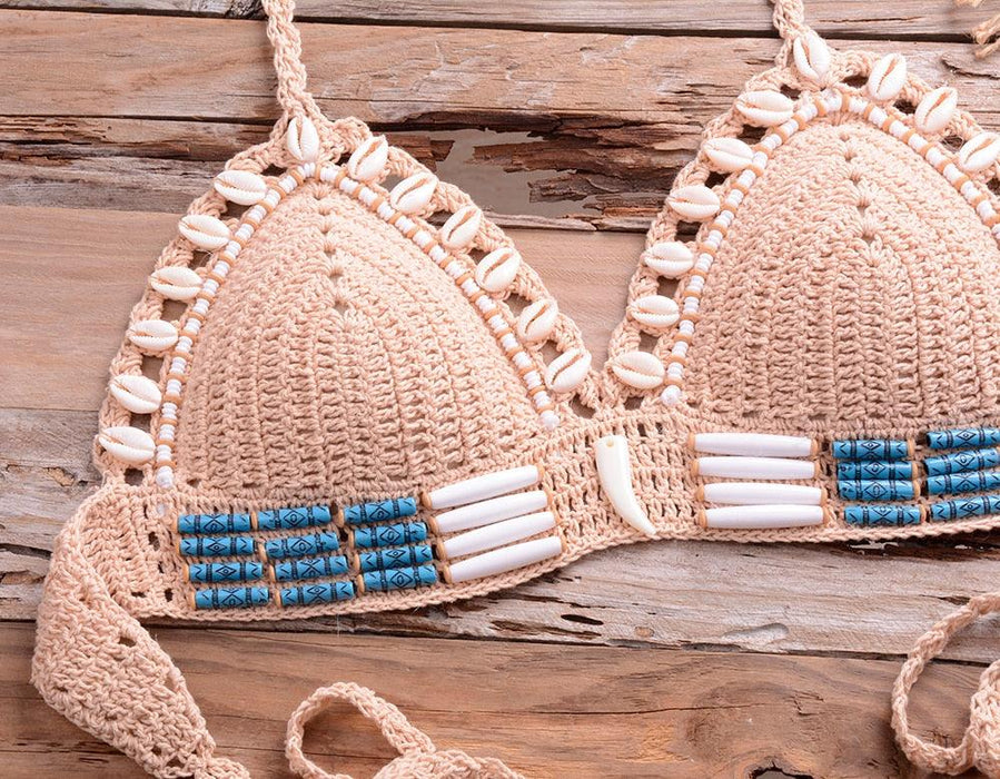 Vintage Blue Bikinis 2 Piece Halter Bikini Set Women High Waist Sequin Swimsuit  Set Handmade Crochet High Quality Swimsuit Women Push Up Swimwear Knitted Beach Wear Bathing Suit