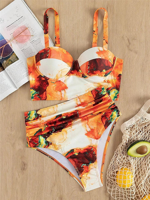 Leaf Floral Bikini Set Women Backless High-Waist Two Pieces Swimwear Beach Bathing Suits Swimsuits Women's Ruffle Bandage Bikini High Waist Bottoms Two Piece Swimsuits