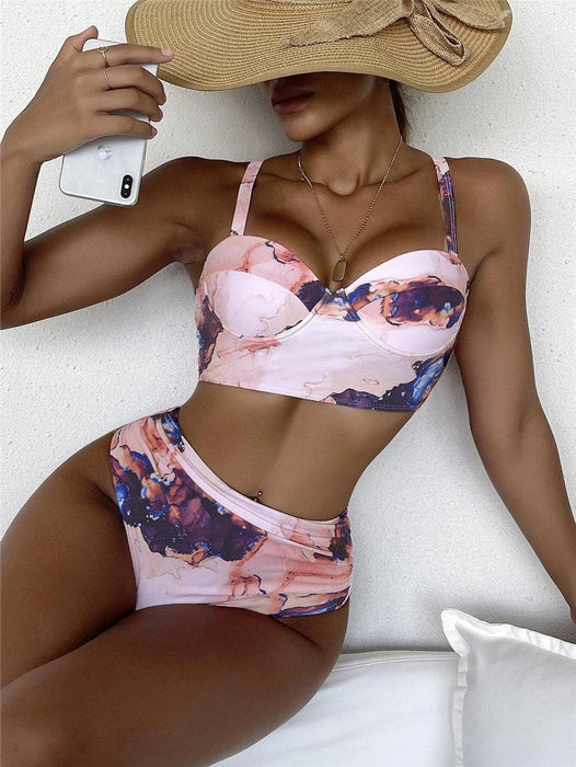 Leaf Floral Bikini Set Women Backless High-Waist Two Pieces Swimwear Beach Bathing Suits Swimsuits Women's Ruffle Bandage Bikini High Waist Bottoms Two Piece Swimsuits