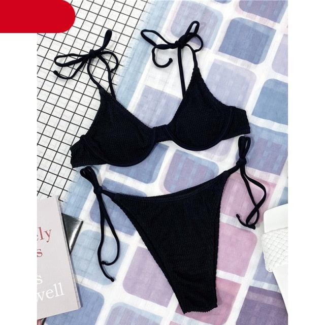 Luxury Women Black Halter Bikinis Women's Halter Bandage Bikini Bottom Push Up Swimsuits Swimsuit Women High Waist String Floral Printed 2 Piece Bathing Suits Solid Color Bikinis Sets Bathing Suit Female Beachwear