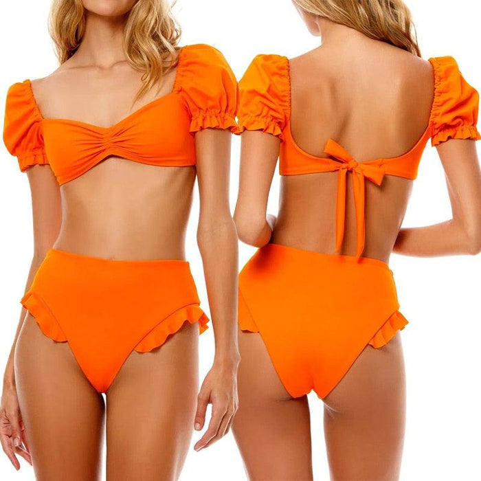 Bikini New 2 Piece Women Swimsuit Women's High Waist Bikini Set Fashion Puff Sleeve Swimwear Set Bathing Suits Solid Color Short Puff Sleeve Summer High Waist Cut Backless Bathing Suit Beachwear