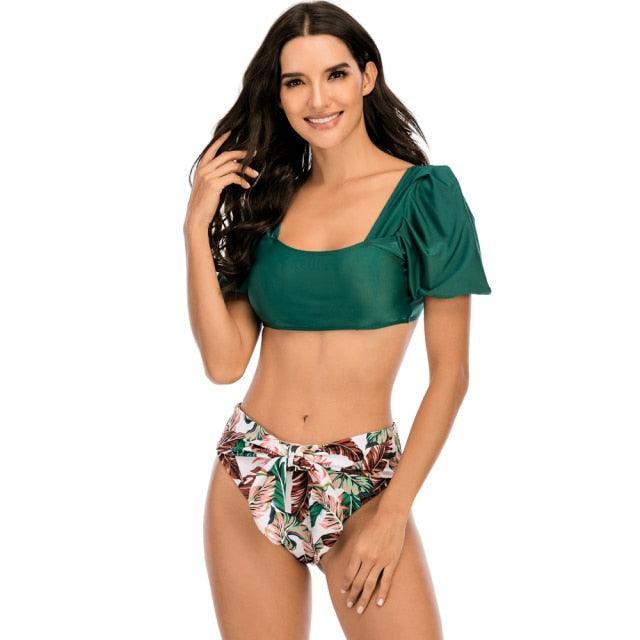 Bikini New 2 Piece Women Swimsuit Women's High Waist Bikini Set Fashion Puff Sleeve Swimwear Set Bathing Suits Solid Color Short Puff Sleeve Summer High Waist Cut Backless Bathing Suit Beachwear