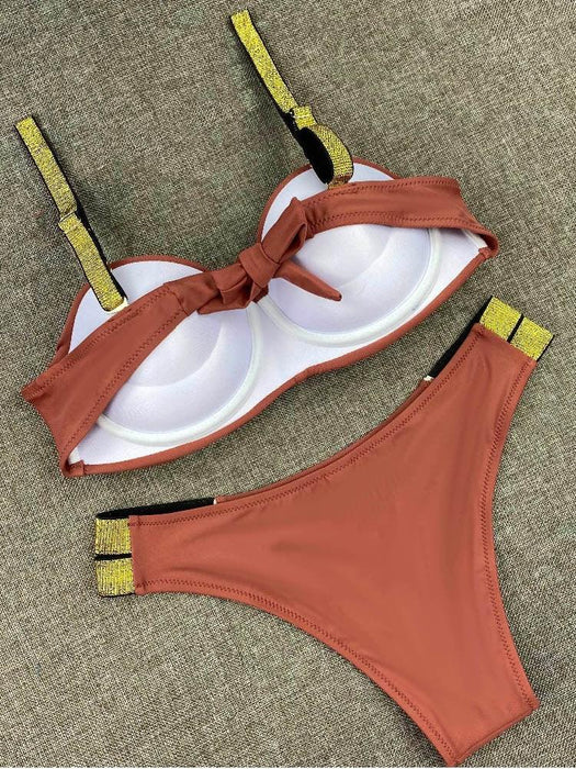 Bikini Sets Solid Color Swimsuit  Mid-Waist  Gather Cup Bikinis Women Swimwear Female Bathing Suits Beach wear  Two Piece Swimsuits Triangle Bikini swimsuits for Women