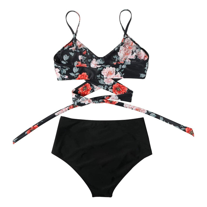 Modern Floral Bikini 2 Pieces Flower Print Bikini Set Women Crisscross High Waist String 2 Piece Bathing Suits High Waist Women's Swimsuit Shorts Solid Bikini Floral Summer Bikini Set