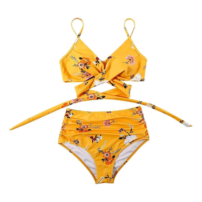 Modern Floral Bikini 2 Pieces Flower Print Bikini Set Women Crisscross High Waist String 2 Piece Bathing Suits High Waist Women's Swimsuit Shorts Solid Bikini Floral Summer Bikini Set