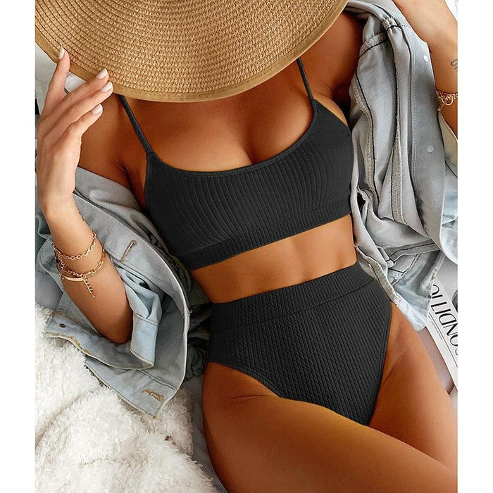 High Waist Bikinis Swimwear Women Push Up Swimsuits Solid High Waist Bikini Sets Sporty Two Pieces Swimsuit Scoop Neck Bathing Suits for Women Ribbed Bathing Suits High Cut Summer Beachwear