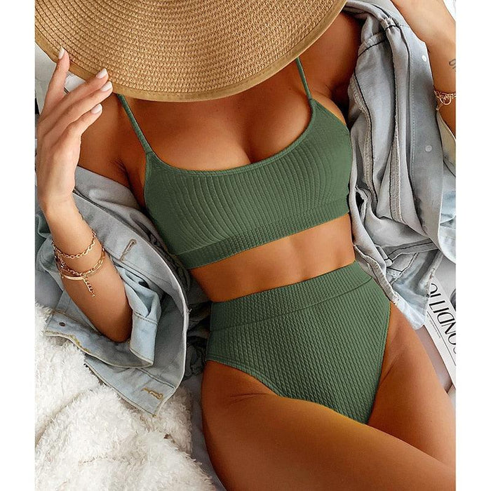 High Waist Bikinis Swimwear Women Push Up Swimsuits Solid High Waist Bikini Sets Sporty Two Pieces Swimsuit Scoop Neck Bathing Suits for Women Ribbed Bathing Suits High Cut Summer Beachwear