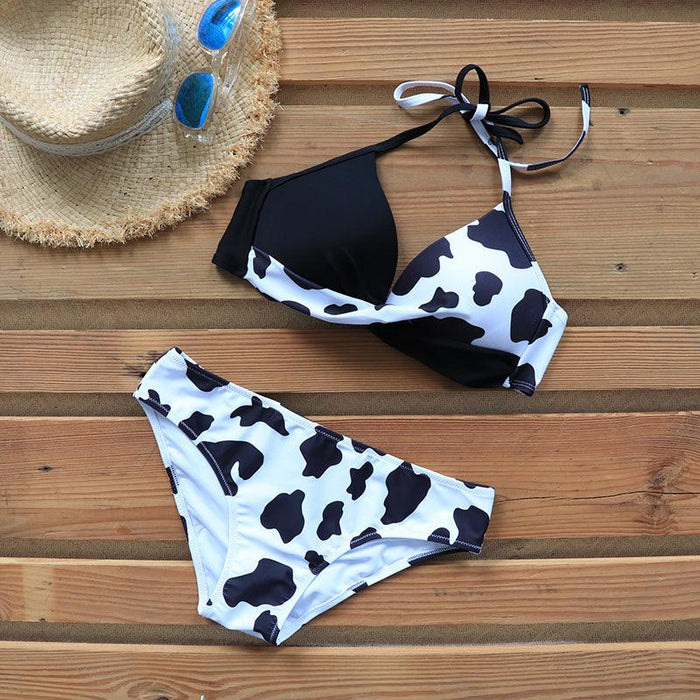 Push Up Women Bikinis Swimwear  Women's Bathing Suits Push Up Halter Bandage Bikini Floral Printing Swim Bottoms Two Piece Swimsuits Women Swimsuits Bathing Suit Halter  Leaf Print Beach Wear Plus Size