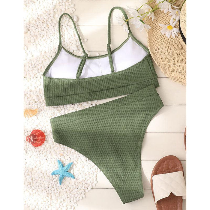 High Waist Bikinis Swimwear Women Push Up Swimsuits Solid High Waist Bikini Sets Sporty Two Pieces Swimsuit Scoop Neck Bathing Suits for Women Ribbed Bathing Suits High Cut Summer Beachwear