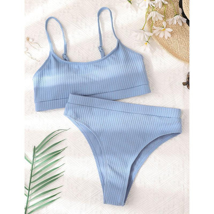 High Waist Bikinis Swimwear Women Push Up Swimsuits Solid High Waist Bikini Sets Sporty Two Pieces Swimsuit Scoop Neck Bathing Suits for Women Ribbed Bathing Suits High Cut Summer Beachwear