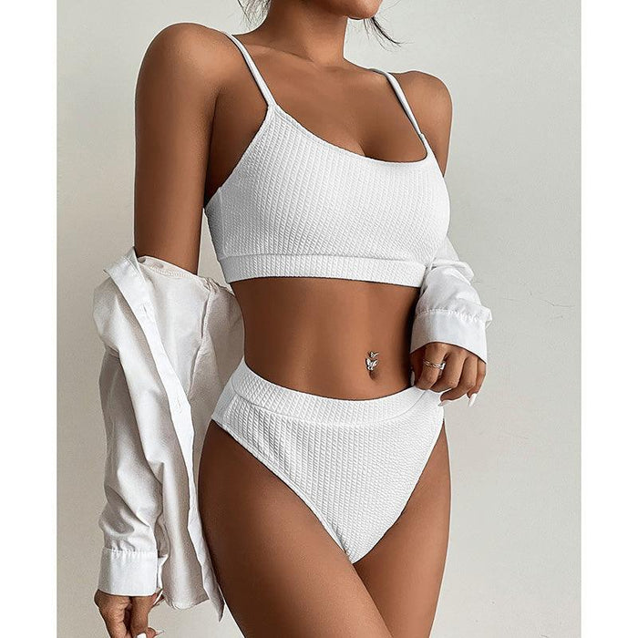 High Waist Bikinis Swimwear Women Push Up Swimsuits Solid High Waist Bikini Sets Sporty Two Pieces Swimsuit Scoop Neck Bathing Suits for Women Ribbed Bathing Suits High Cut Summer Beachwear