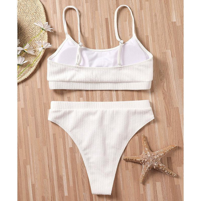 High Waist Bikinis Swimwear Women Push Up Swimsuits Solid High Waist Bikini Sets Sporty Two Pieces Swimsuit Scoop Neck Bathing Suits for Women Ribbed Bathing Suits High Cut Summer Beachwear