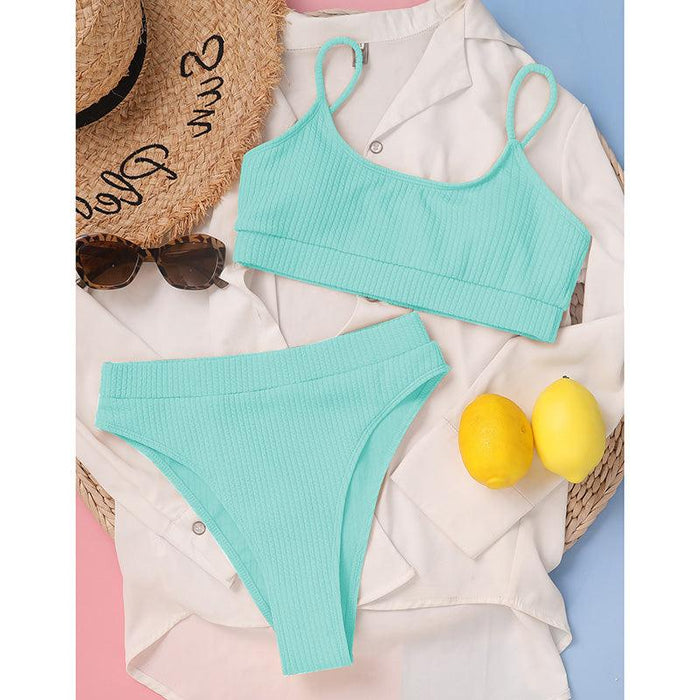 High Waist Bikinis Swimwear Women Push Up Swimsuits Solid High Waist Bikini Sets Sporty Two Pieces Swimsuit Scoop Neck Bathing Suits for Women Ribbed Bathing Suits High Cut Summer Beachwear