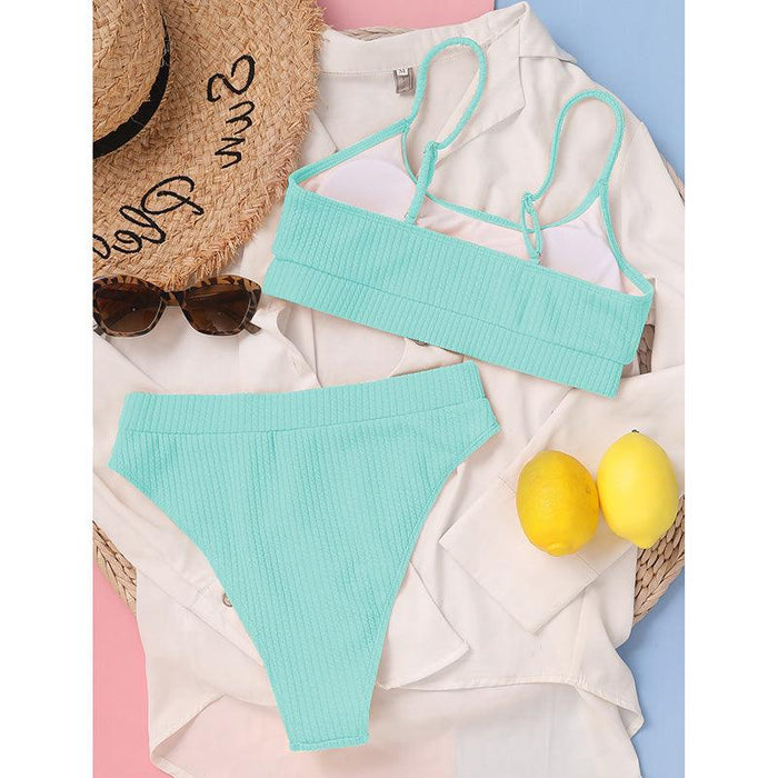 High Waist Bikinis Swimwear Women Push Up Swimsuits Solid High Waist Bikini Sets Sporty Two Pieces Swimsuit Scoop Neck Bathing Suits for Women Ribbed Bathing Suits High Cut Summer Beachwear