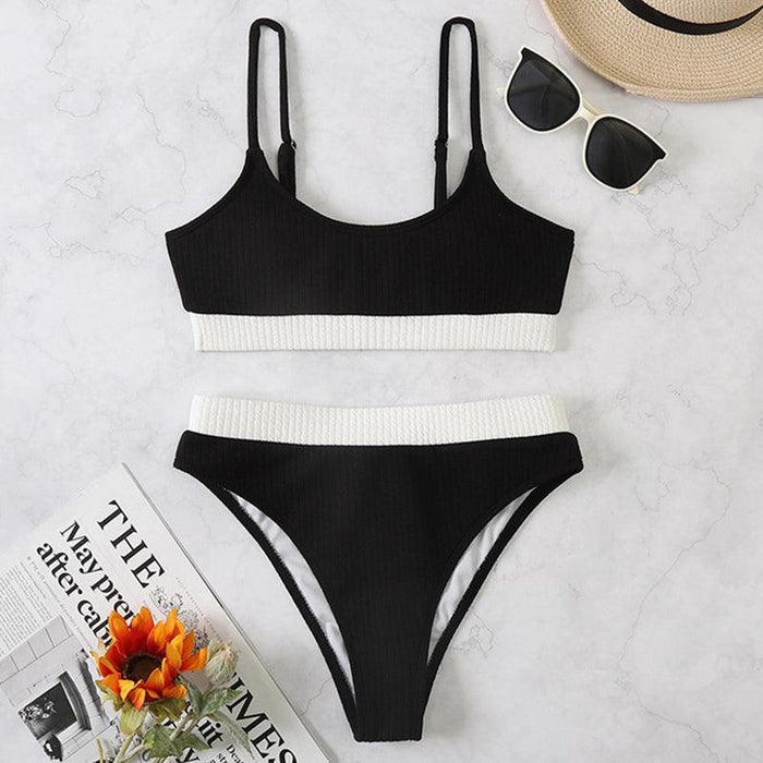 High Waist Bikinis Swimwear Women Push Up Swimsuits Solid High Waist Bikini Sets Sporty Two Pieces Swimsuit Scoop Neck Bathing Suits for Women Ribbed Bathing Suits High Cut Summer Beachwear