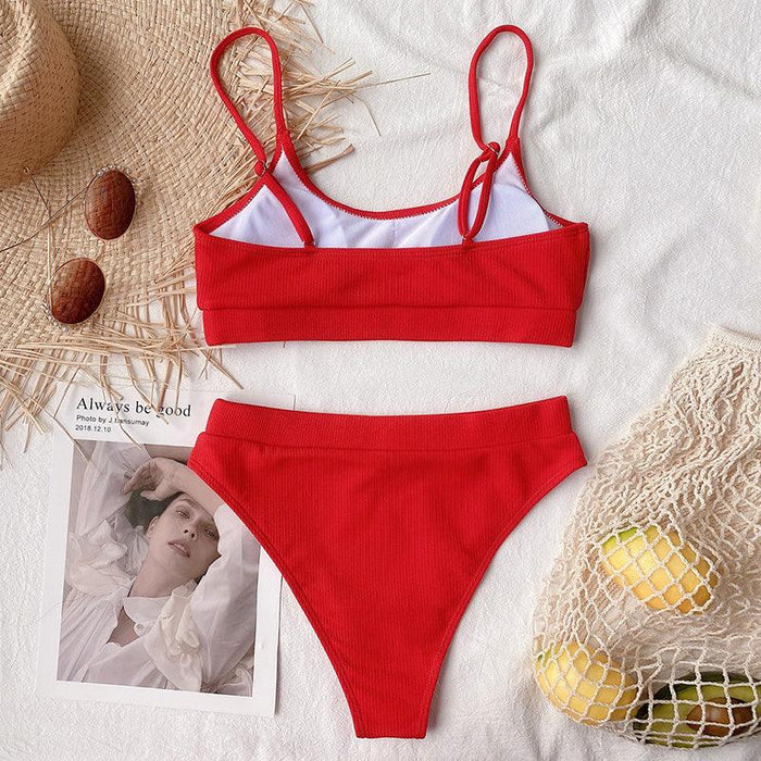 High Waist Bikini Swimsuits Women Push Up Swimwear Ribbed Bathing Suit Strap  Bikinis Set Beachwear High Waist Bathing Suit Full Coverage Two Piece Swimsuit