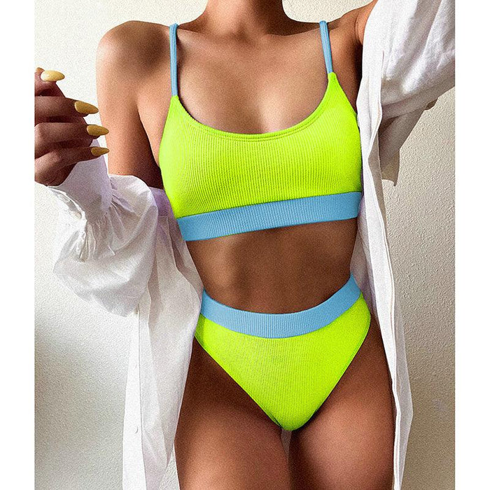 High Waist Bikini Swimsuits Women Push Up Swimwear Ribbed Bathing Suit Strap  Bikinis Set Beachwear High Waist Bathing Suit Full Coverage Two Piece Swimsuit