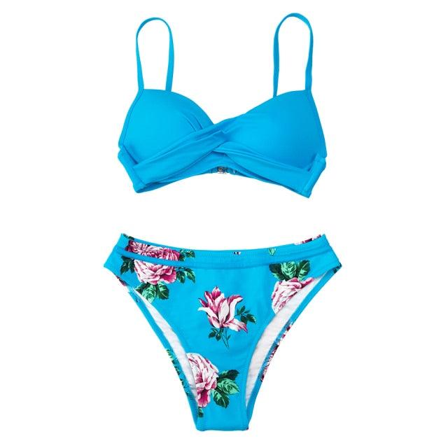 Push Up Floral Bikini Sets Women Two Pieces Swimsuits Women's Bathing Suits Push Up Halter Bandage Bikini Floral Printing Swim Bottoms Two Piece Swimsuits New Girl Beach Bathing Suits Swimwear