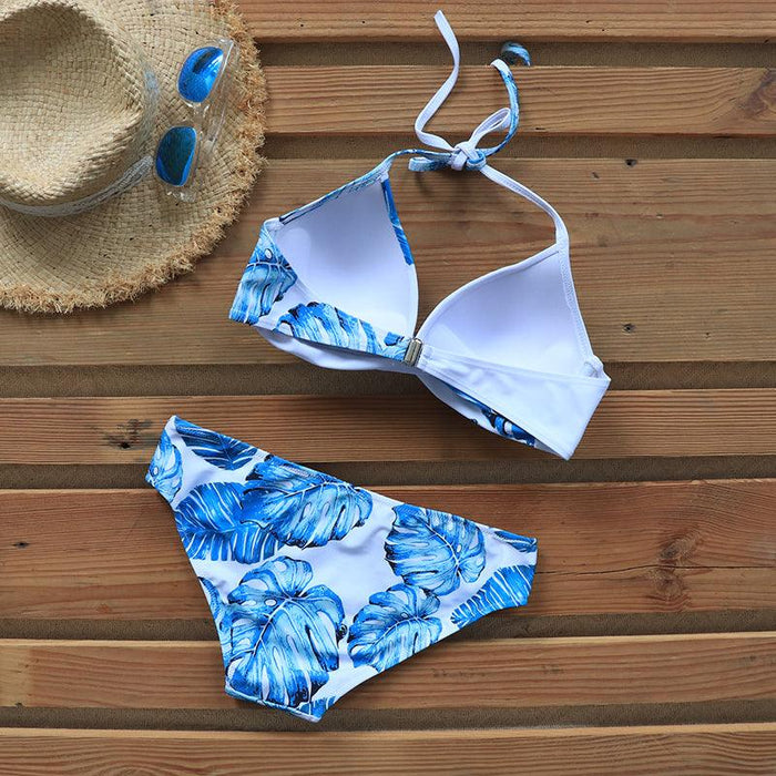 Push Up Women Bikinis Swimwear  Women's Bathing Suits Push Up Halter Bandage Bikini Floral Printing Swim Bottoms Two Piece Swimsuits Women Swimsuits Bathing Suit Halter  Leaf Print Beach Wear Plus Size