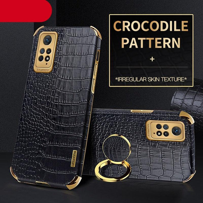 Redmi Note11 Ring Holder Case Luxury Crocodile Cover Gold Edge 360 Degree Rotation Stand Pro Crocodile Pattern Leather Plating Cover For Xiaomi Redmi Note 10 10S 11S 11 Pro Plus Xiomi Note10 Cases